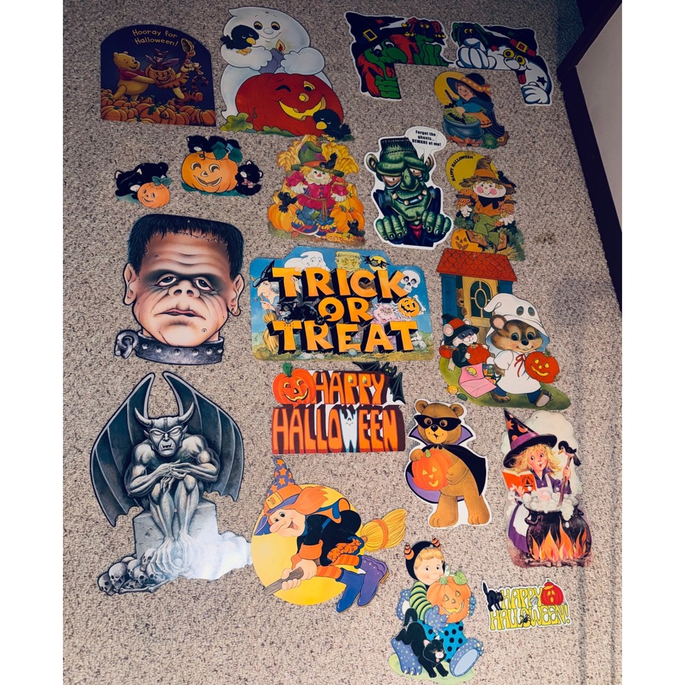 20 Vintage Flocked Halloween Cutouts Lot Witch Large Retro 80s 90s 2 Sided Cat